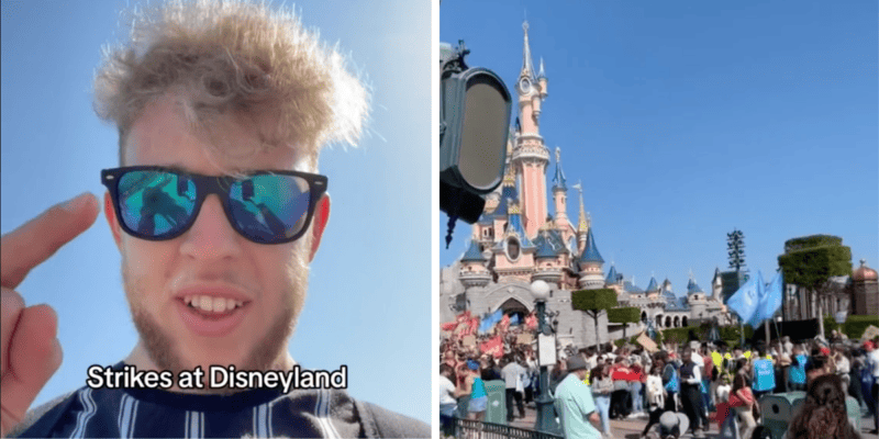 Left: A YouTuber talking into his phone in front of a bright blue sky. Right: Paris Cast Members in the Disneyland strike.