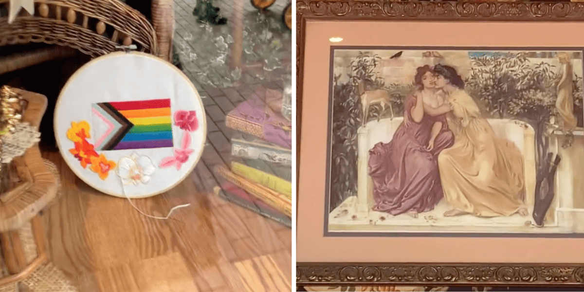 A pride flag cross stitch, historic art of two women kissing. (Part of a Disneyland Pride display)