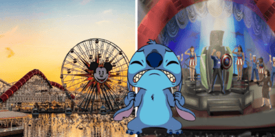 Concept art for Rogers: The Musical pictured next to Pixar Pier at sunset at Disney California Adventure. A frustrated looking Stitch poses between the two.