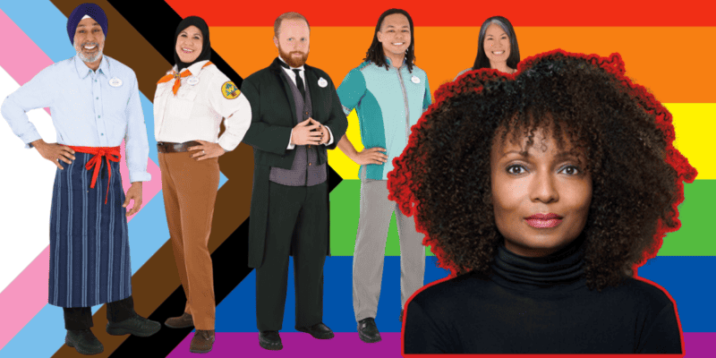 Latondra Newton posed in front of a group of Disney Cast Members representing the disney diversity and inclusion department stand in front of a pride flag.