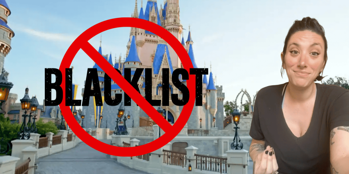 A former Disney Cast Member in front of Cinderella Castle at Disney World with a graphic that reads "Blacklist"