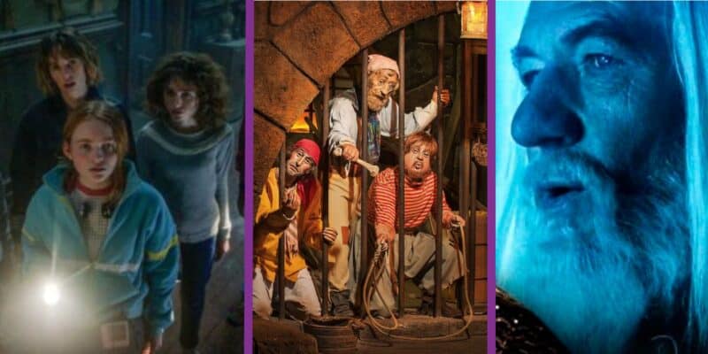 'Stranger Things' still, Pirates of the Caribbean ride, and 'Lord of the Rings' still