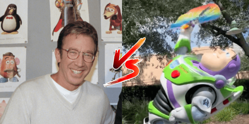 Tim Allen pictured next to Buzz Lightyear holding a gay pride flag.
