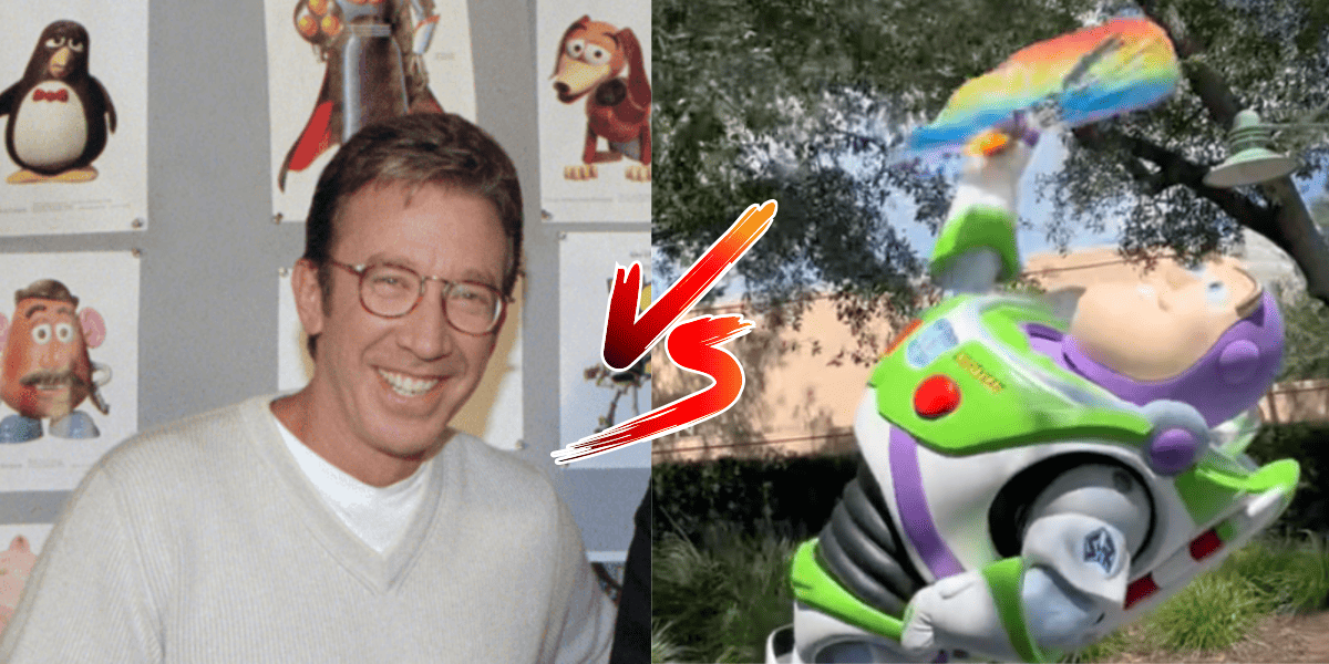Tim Allen pictured next to Buzz Lightyear holding a gay pride flag.