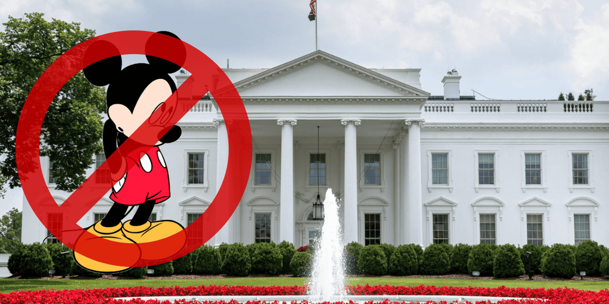 Mickey crossed out in front of the White House, representing this week's disney WGA strike