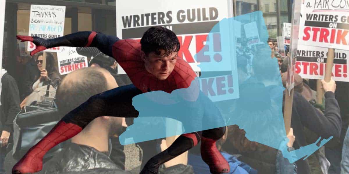 tom holland spider man over writers strike posters next to state of new york