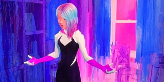 Gwen stacy in across the spider-verse trans flag colors in hair, in background