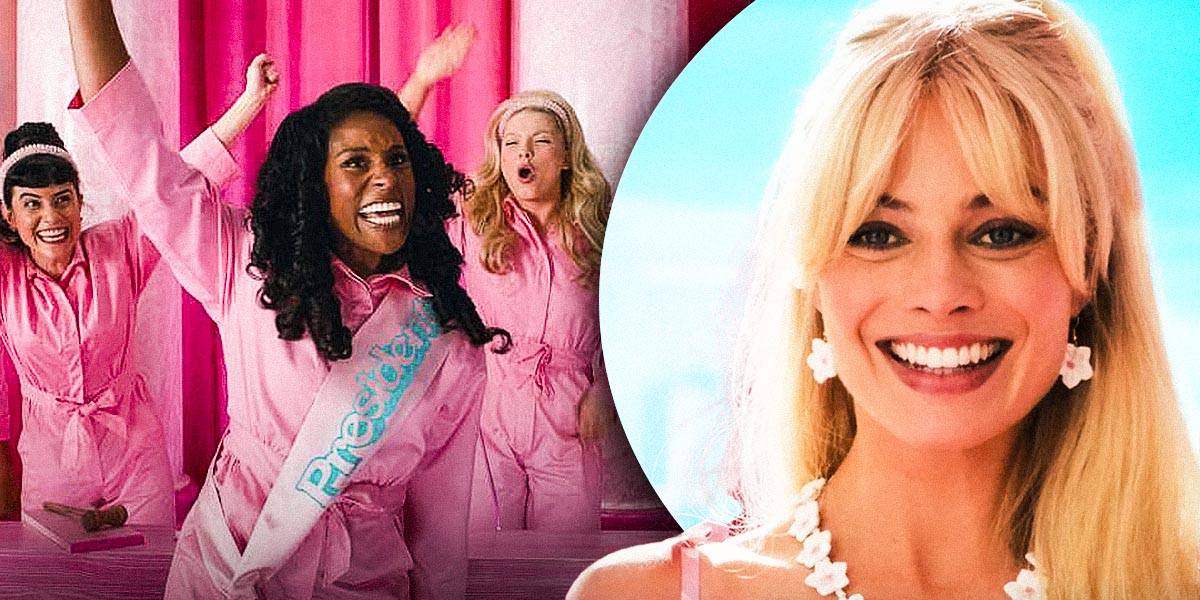 (L-R) all of the Barbies from the 'Barbie' movie cheer at a sleepover slumber party in pink matching pajamas; Issa Rae in front, and Margo Robbie as Barbie, smiling (Closeup)