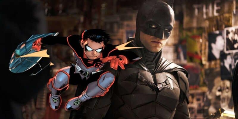 Robert Pattinson as Bruce Wayne in The Batman looking at Damian Wayne DC Comics side eye DCU