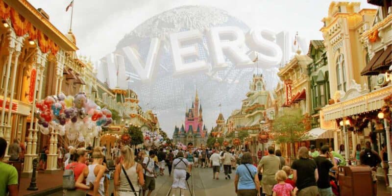 Main Street, U.S.A. with Cinderella Castle at the end and the Universal globe in the background