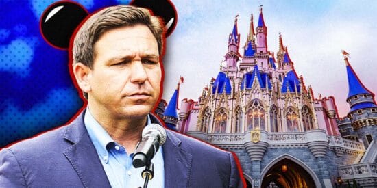 Upset DeSantis with Mickey ears in front of a castle