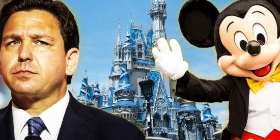 Ron DeSantis grimaces while Mickey Mouse smiles in front of Cinderella Castle at Walt Disney World Resort. Florida residents concerned about retirement.