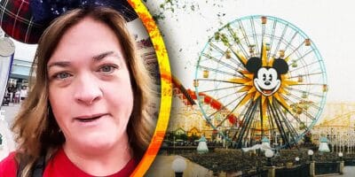 A Disney Influencer talking, photoshopped onto an image of a ferris wheel at Disneyland Resort.