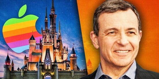 Disney CEO Bob Iger on the right and Disney Image with Apple Logo on the left; Apple Partnership