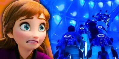 Shocked Character Anna on the left and Tron Lightcycle Power Run ride vehicles at Shanghai Disney Resort on the right