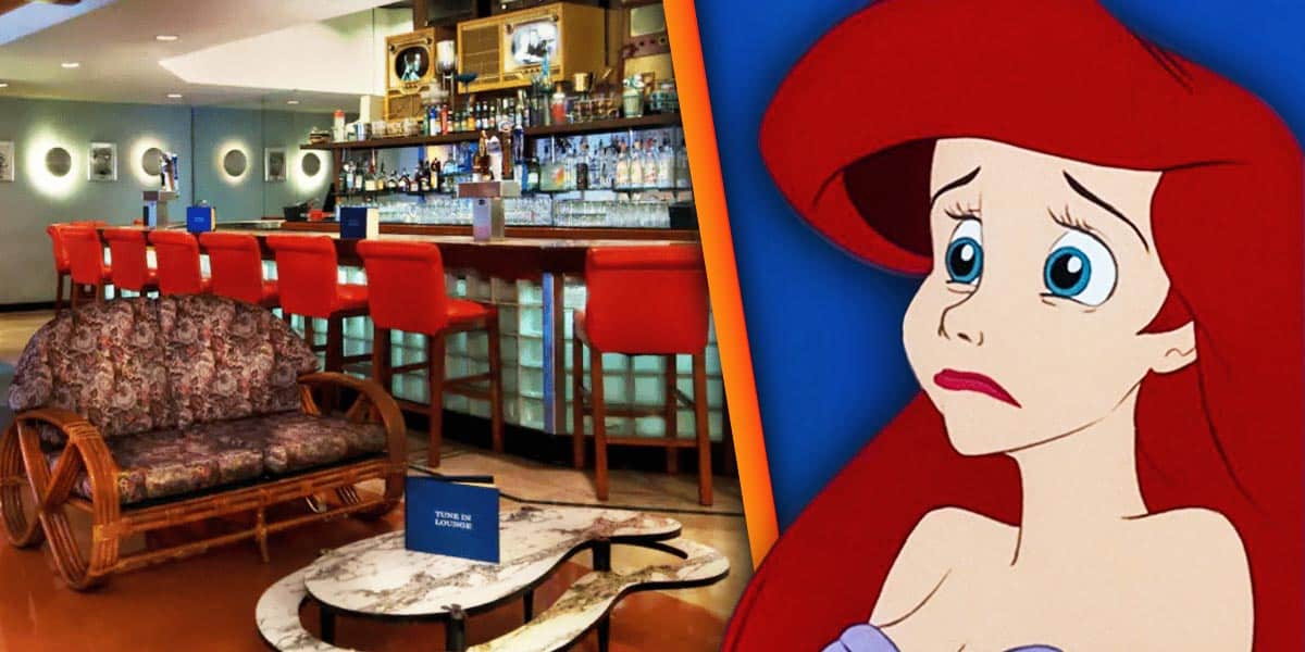 A lounge set up to look like a living room, where Disney World Restaurant Guests wait to be taken to their tables on the left and sad Ariel Character on the right, looking at it
