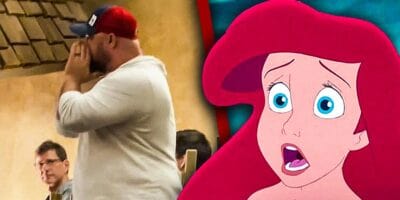 A man stands on a table at a Walt Disney World restaurant on the left and shocked Ariel, looking at it