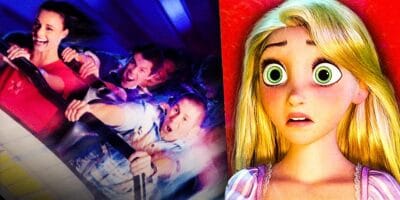 A man and a woman in a Disneyland ride vehicle - Space Mountain on the left and shocked Rapunzel Character on the right