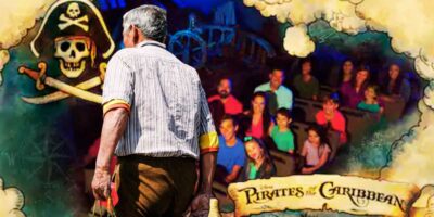 Elderly man with a Disney World attraction ride photo in the background from 'Pirates of the Caribbean'