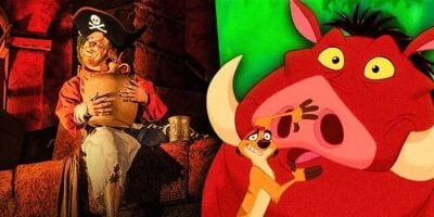 (R-L) Timon and Pumba With a Pirate of the Caribbean at Disneyland Resort