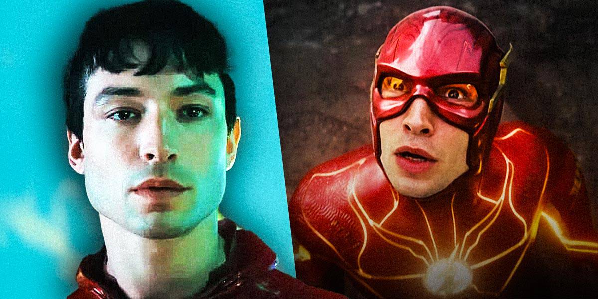 The Flash (Ezra Miller) in shock at what he is seeing on the right and Ezra Miller Closeup on the left