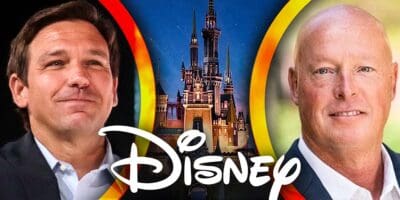 Disney Image with logo in the middle as a background; Gov. DeSantis on the left, former Disney CEO Bob Chapek on the right