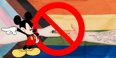 Mickey Mouse pointing angrily at Pride flag with hands implying that Gay men cannot enter Walt Disney World Resort