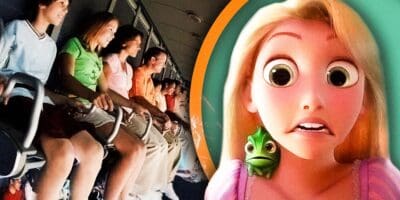 Guests riding attraction in Disneyland on the left and shocked Rapunzel Character on the right, looking at it
