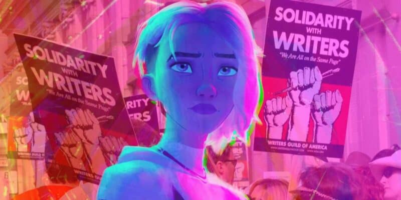 across the spider-verse gwen stacy with wga strike signs behind her