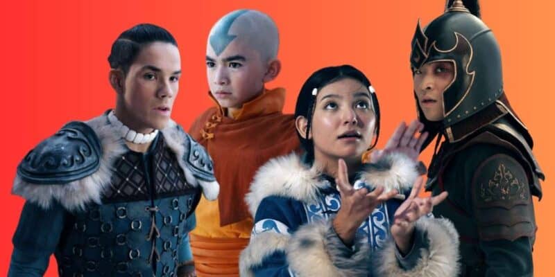 Gordon Cormier as Aang, Dallas Liu as Zuko, Ian Ousley as Sokka, and Kiawentiio Tarbell as Katara in Netflix's Avatar: The Last Airbender series