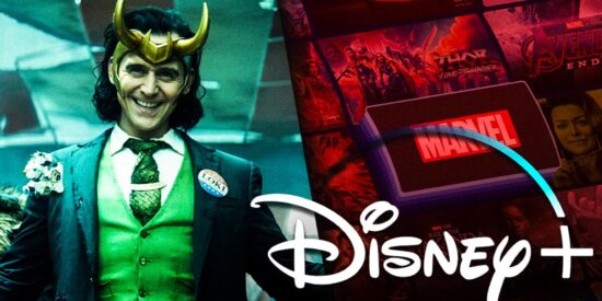 Marvel Character Loki on the left and Disney+ Site Screen with its logo on the right