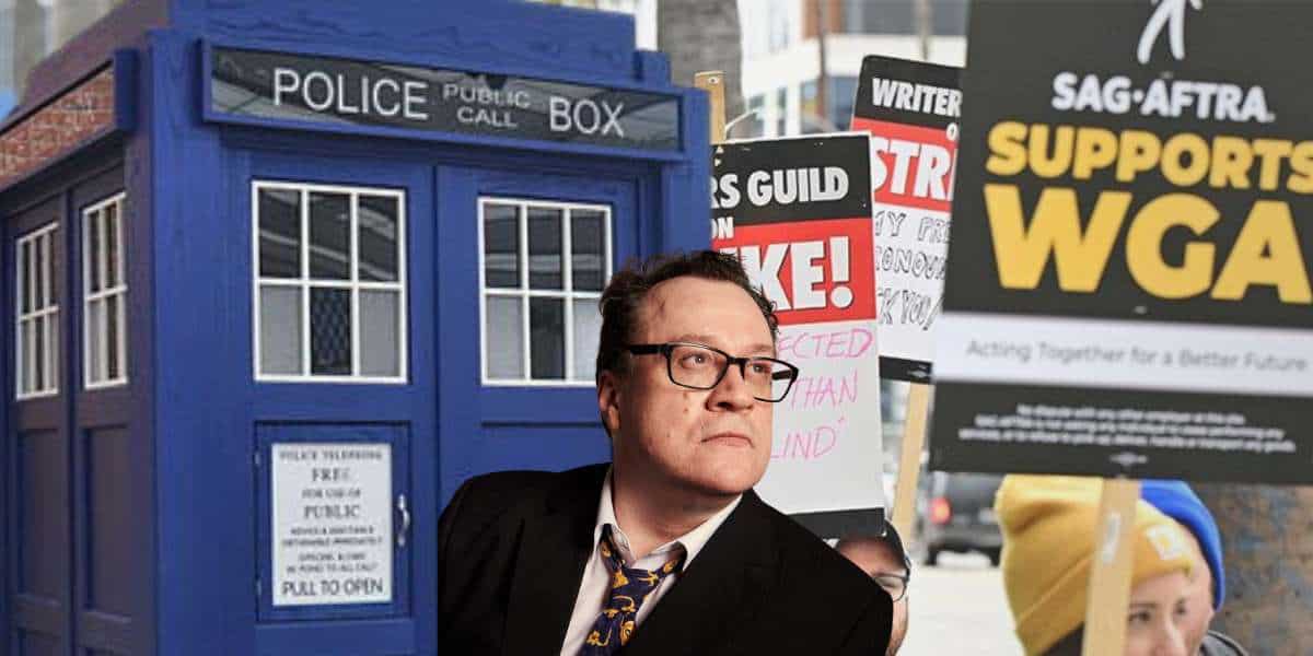 Doctor Who showrunner Russell T. Davies standing in front of the Tardis with WGA and SAG-AFTRA strike behind him, writers strike