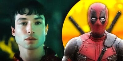 Ezra Miller in role of Flash on the left side and Deadpool (Ryan Reynolds) on the right side