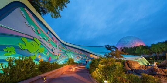 The exterior of The Seas with Nemo and Friends at nighttime at EPCOT