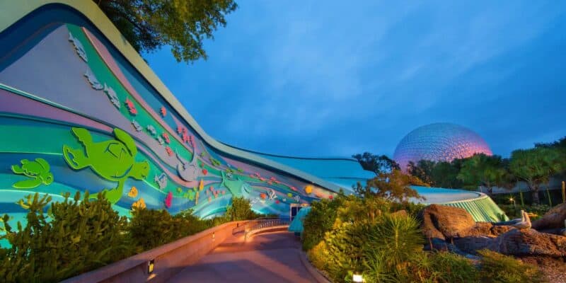 The exterior of The Seas with Nemo and Friends at nighttime at EPCOT
