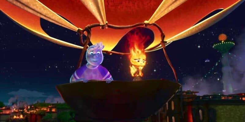 wade and ember in elemental in a hot air balloon
