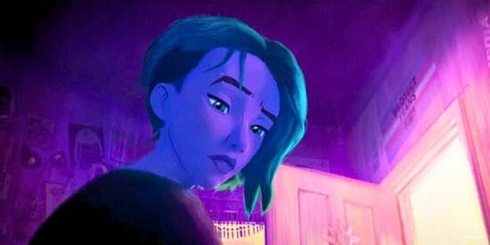 Gwen Stacy in Across the Spider-Verse sitting in her room. Behind her above the door there is a trans pride flag that says protect trans kids