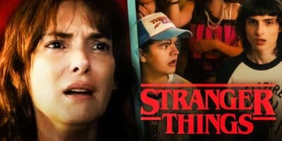 Winona Ryder as Joyce Byers in 'Stranger Things' on the left and shocked Mike and Dustin on the right