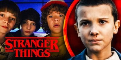 (L to R) Will, Mike, Dustin and Eleven (Closeup) in 'Stranger Things'; 'Stranger Things' logo on the left