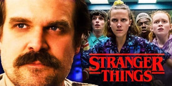 David Harbour as Jim Hopper in 'Stranger Things' Closeup on the left and Movie Moment with Main Characters of 'Stranger Things' on the right