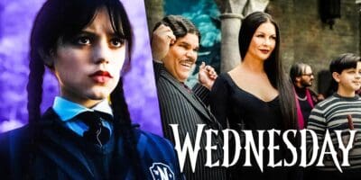 Jenna Ortega as Wednesday Addams in 'Wednesday' on the left and Addams Family ( father, mother, brother) in 'Wednesday' on the right