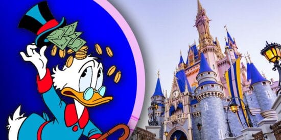 (R-L) Cinderella Castle and Character Scrooge Mcduck, looking at his money