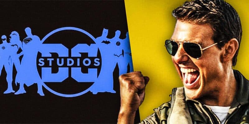 Happy Actor Tom Cruise on the right and DC Studios Logo on the left