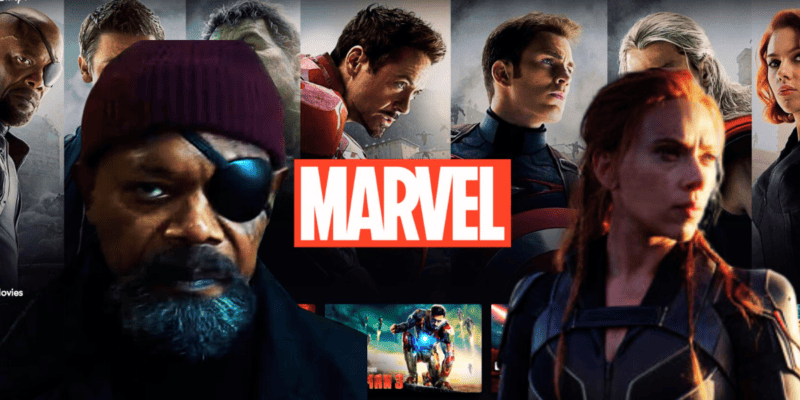 Black Widow with Nick Fury with a Disney+ Marvel Page as the background.