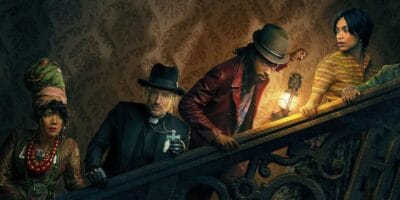 Characters climb the stairs in a poster for Disney's upcoming 'Haunted Mansion' (2023)