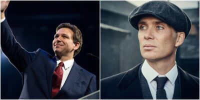 Ron DeSantis waving, Cillian Murphy in Peaky Blinders