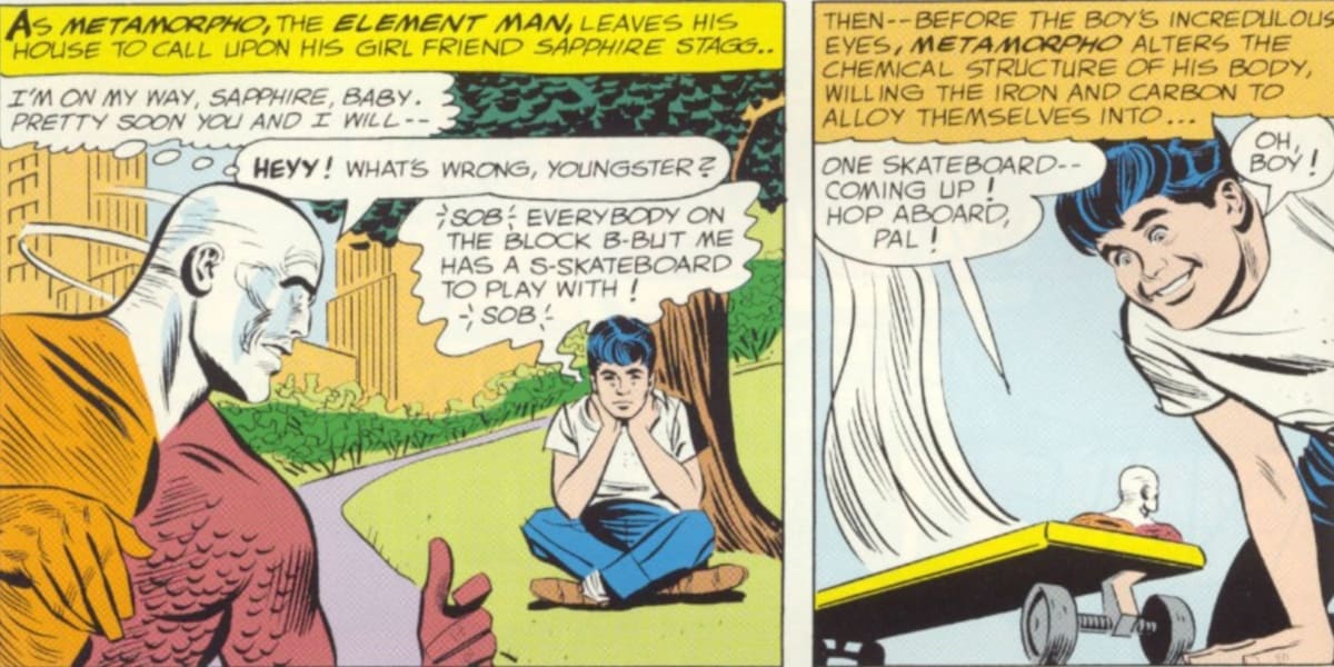 Metamorpho turning into a skateboard for a child