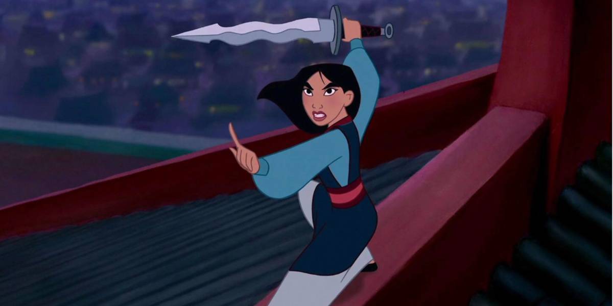 Mulan holding her sword in the climax of the animated movie
