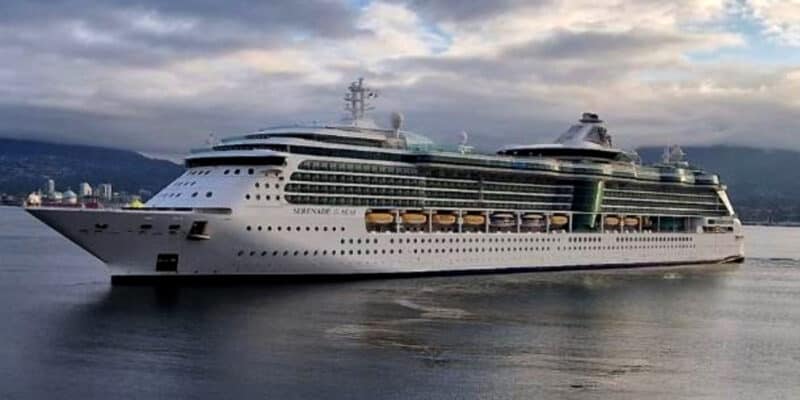 A large white Florida cruise ship, reminiscent of a floating Comic-Con, sails on a calm body of water under a cloudy sky. The ship boasts multiple decks with rows of windows and balconies. Land with mountainous terrain is visible in the background.