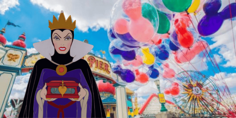 The Evil Queen stands menacingly in front of Pixar Pier at Disneyland Resort.